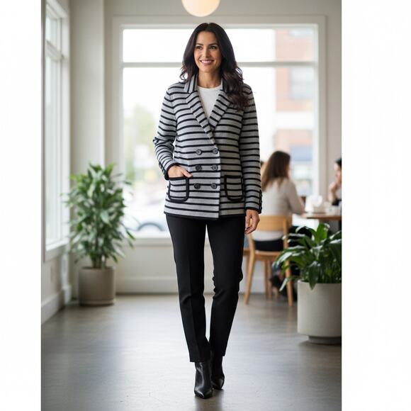 LOFT XS Petite striped double-breasted knit jacket gray black stripe blazer - Picture 1 of 8